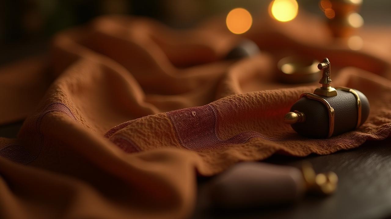 Montage of rich textiles, hand-carved wood, and gleaming metal sculptures