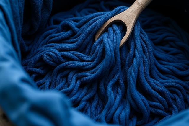 A close-up of a deep indigo dye vat with textiles being submerged, showing rich texture and color